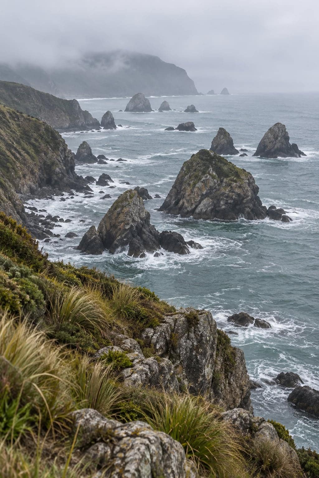 A misty rocky coastline with waves breaking around offshore sea stacks