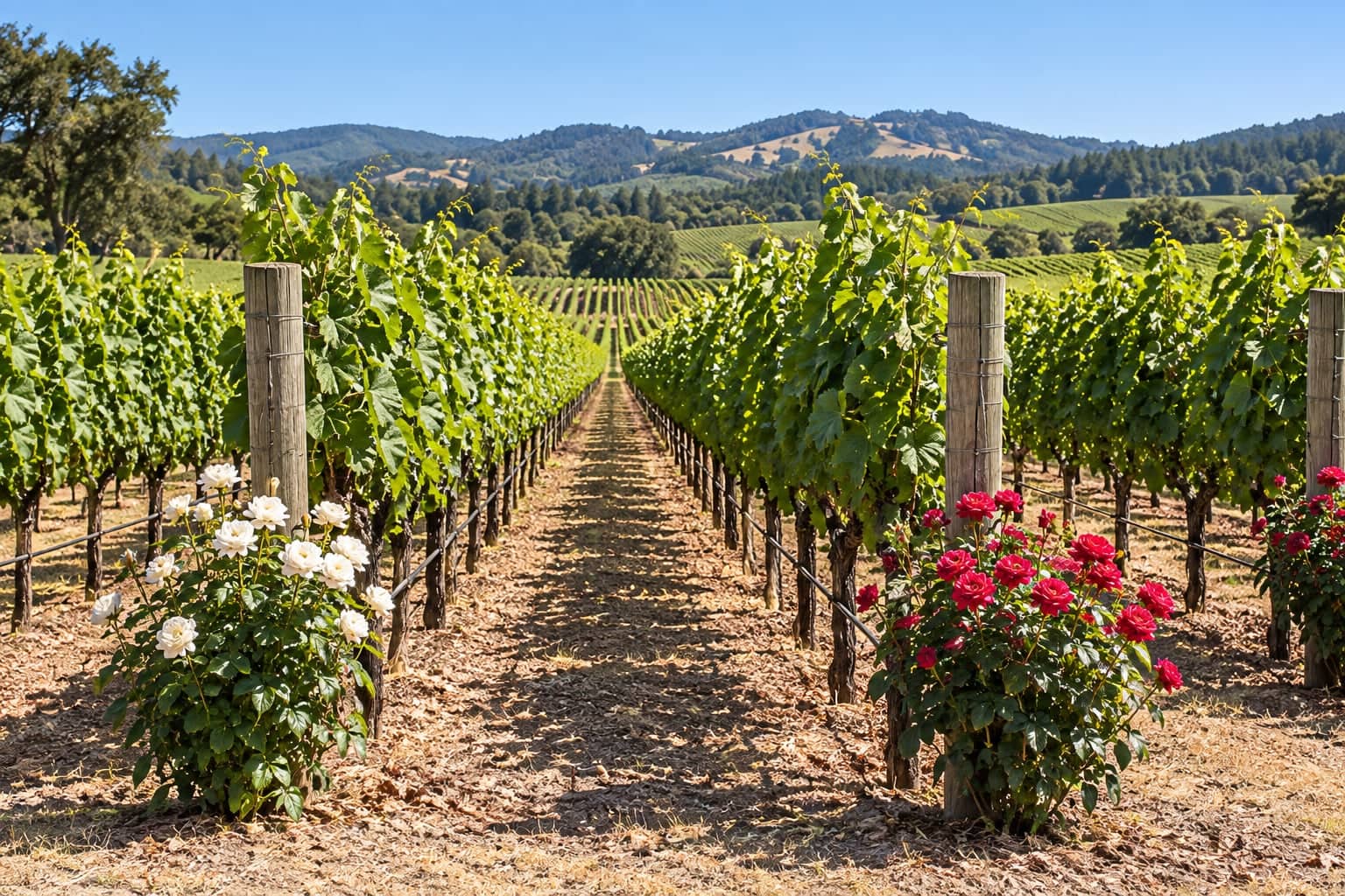 Neat rows of vineyard grapevines with white and red rose bushes at the row ends under a clear sky