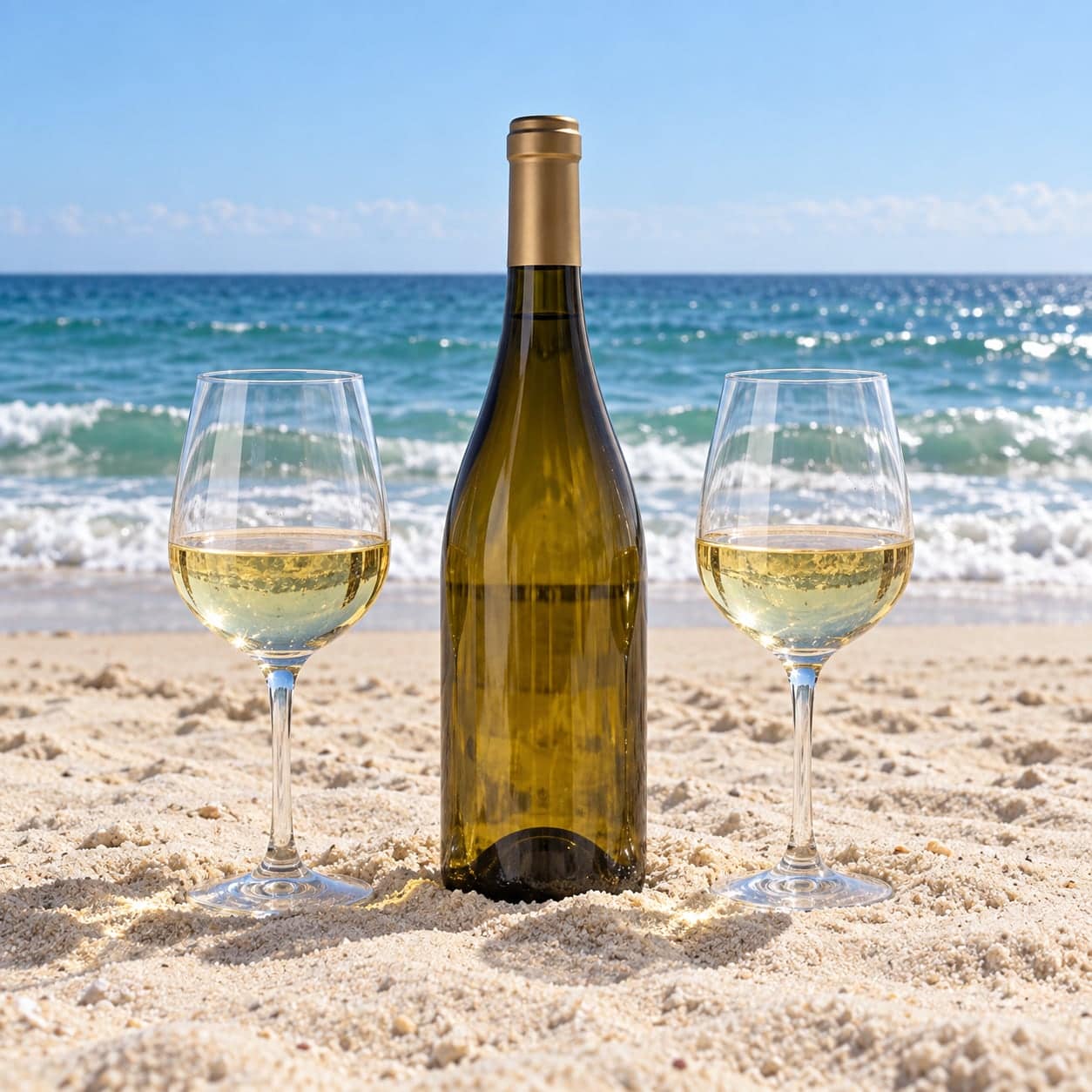 Two wine glasses and an unlabeled bottle standing upright in beach sand at midday