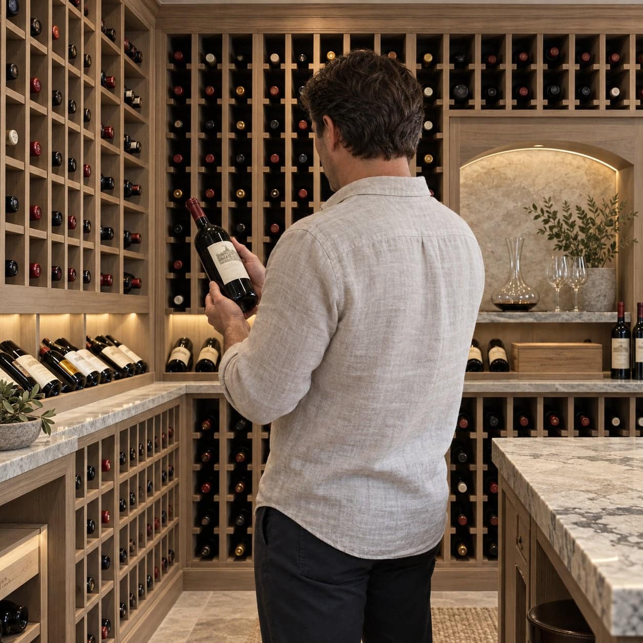 Man viewed from behind holding a wine bottle in a wood-paneled cellar