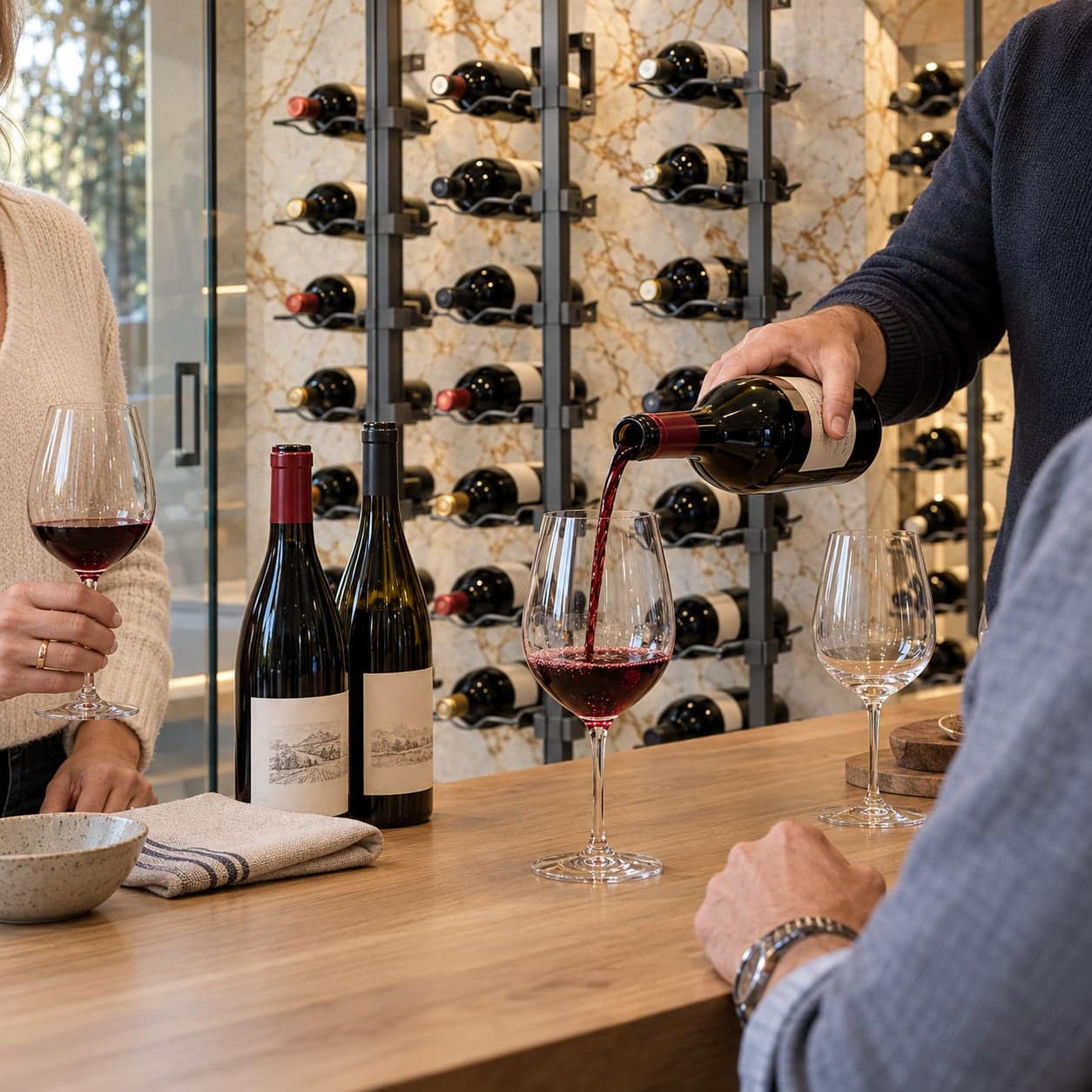Couple pouring red wine at a wood counter beside a marble-backed bottle rack