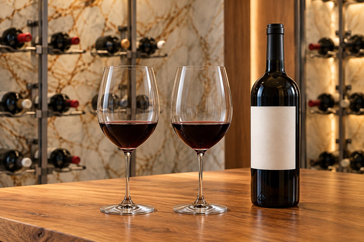 Two glasses of red wine and a bottle with a blank label on a wood table, with metal wine racks against stone behind.