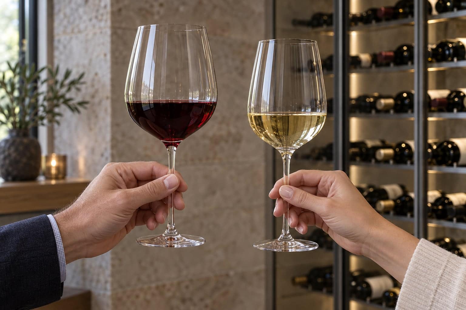 Hands holding red and white wine glasses correctly by the stem against a stone-walled wine cellar