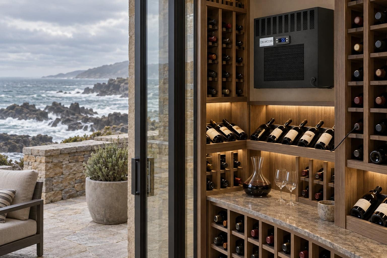 CellarCool unit mounted in a wine room with sliding doors open to a rocky coastline view