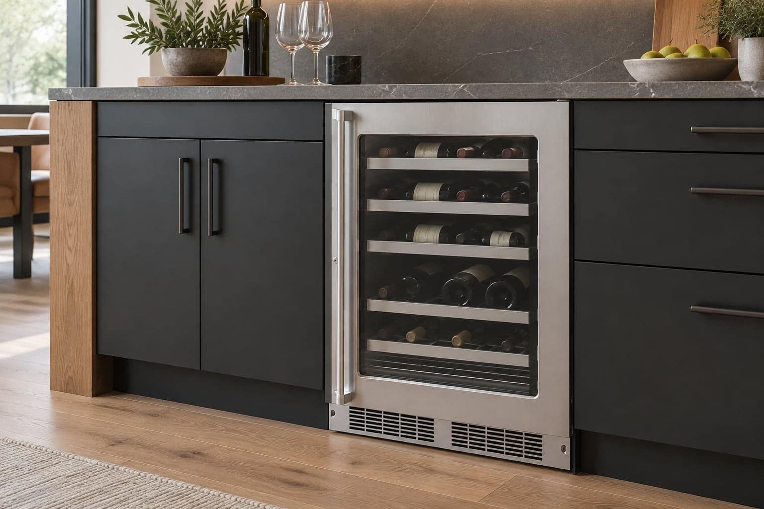 Marvel stainless wine refrigerator built into dark kitchen cabinetry with wine glasses on the counter above