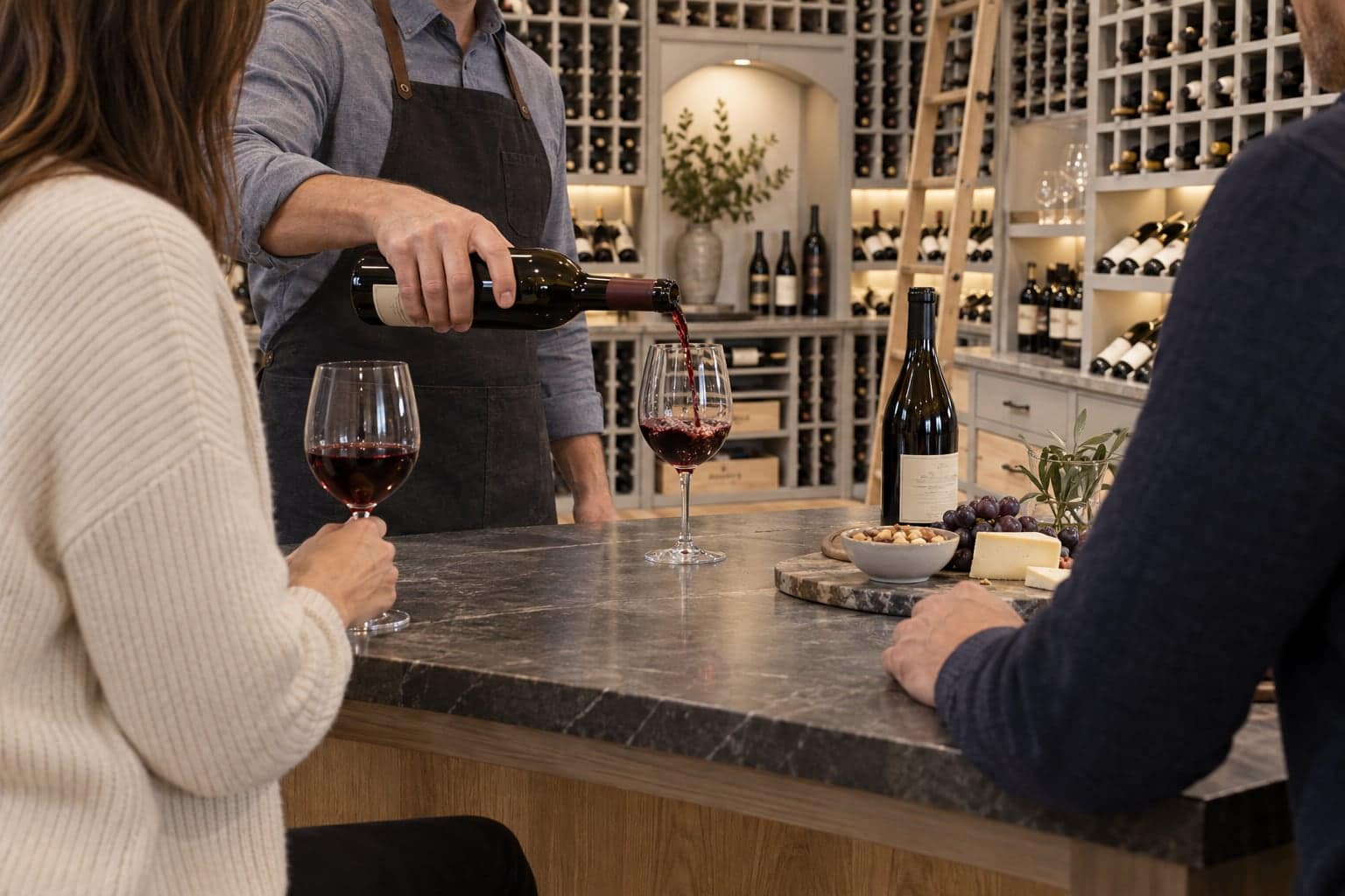 Staff member pouring red wine for guests at a wood-and-stone wine cellar tasting counter