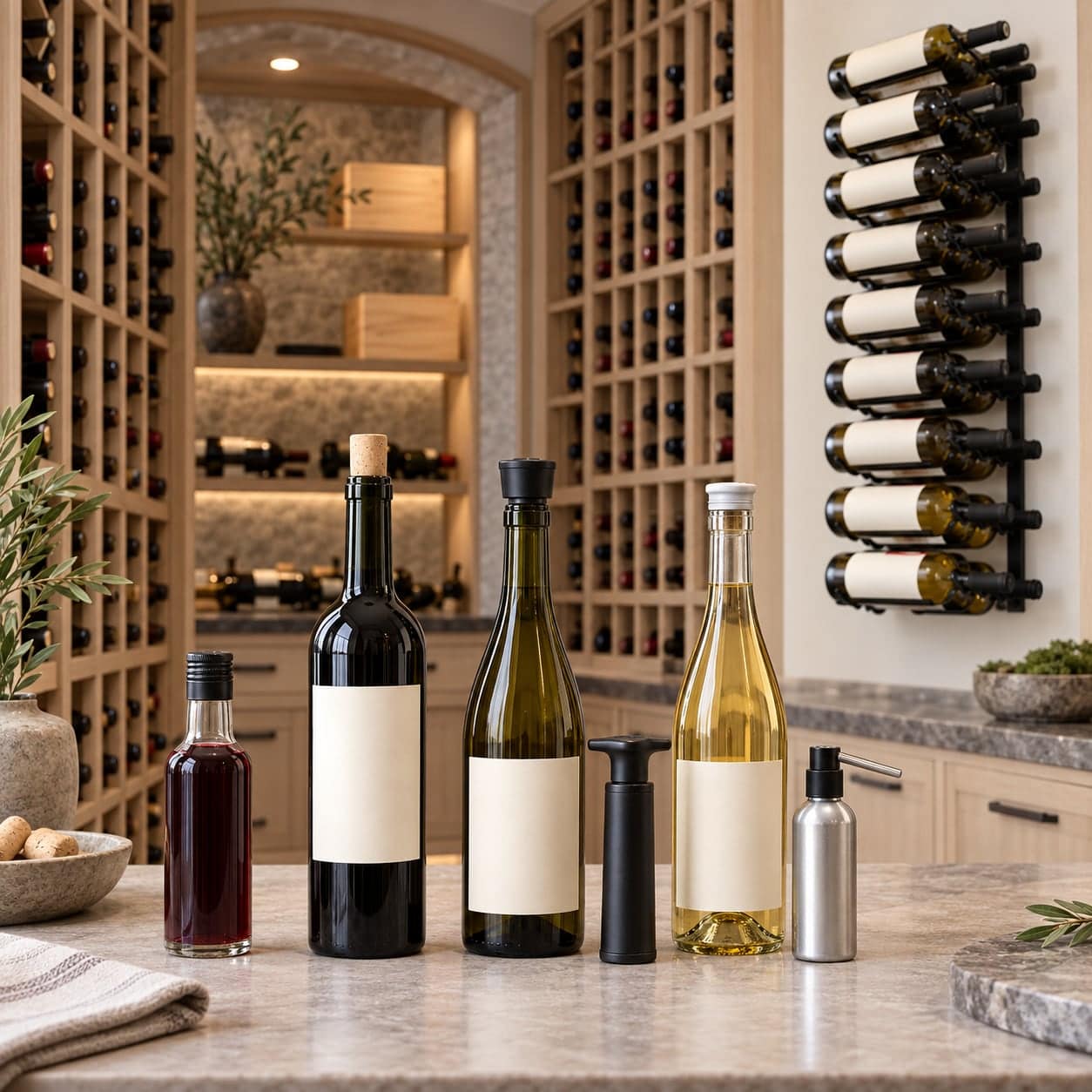 Wine bottles and accessories on a counter in front of wood diamond-bin racking and a wall rack