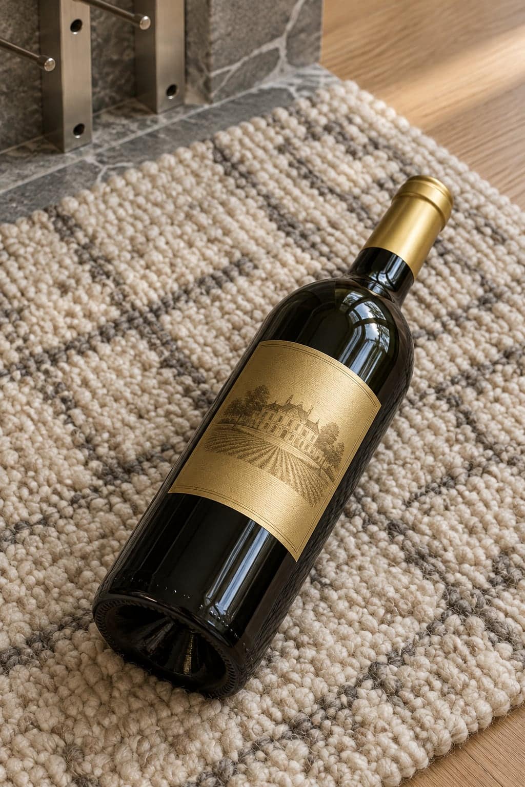 Wine bottle with gold estate-illustration label lying on a woven rug near a stone wall
