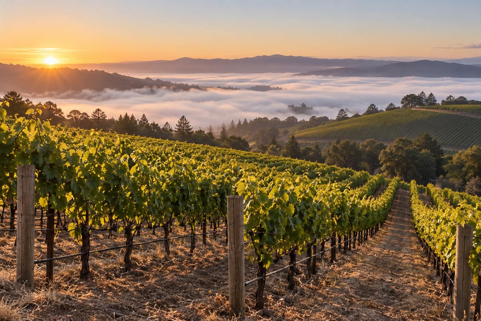 Sunrise over foggy hillside vineyard rows with mountains in the distance