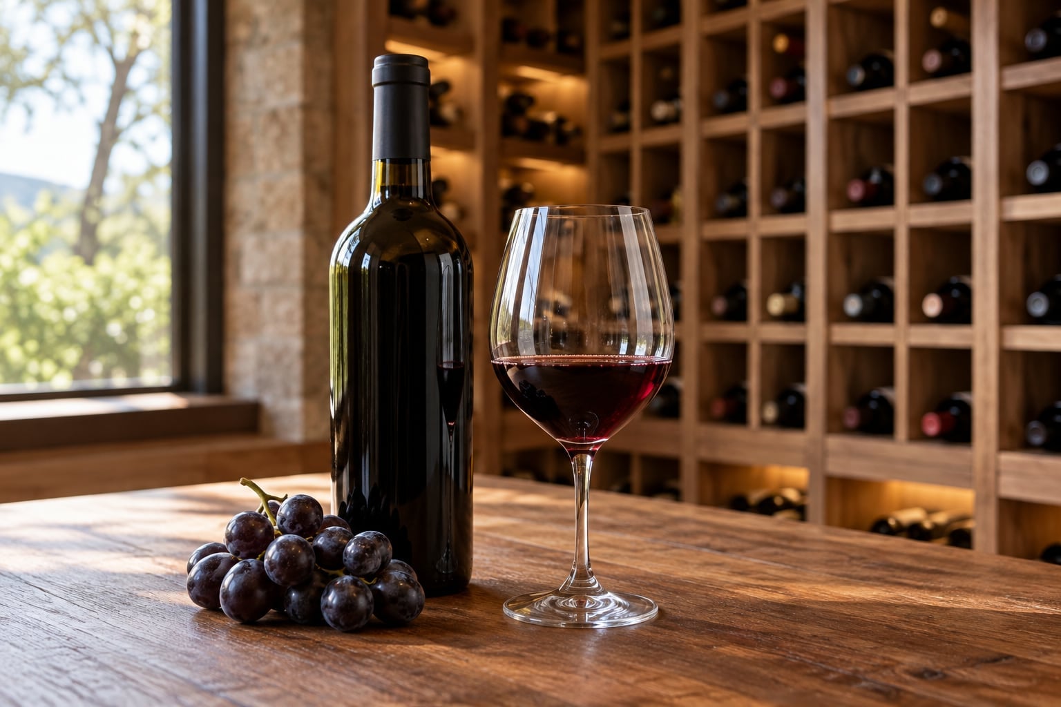 Wine bottle, glass of red wine and grapes on a wood table with racking and a window view behind