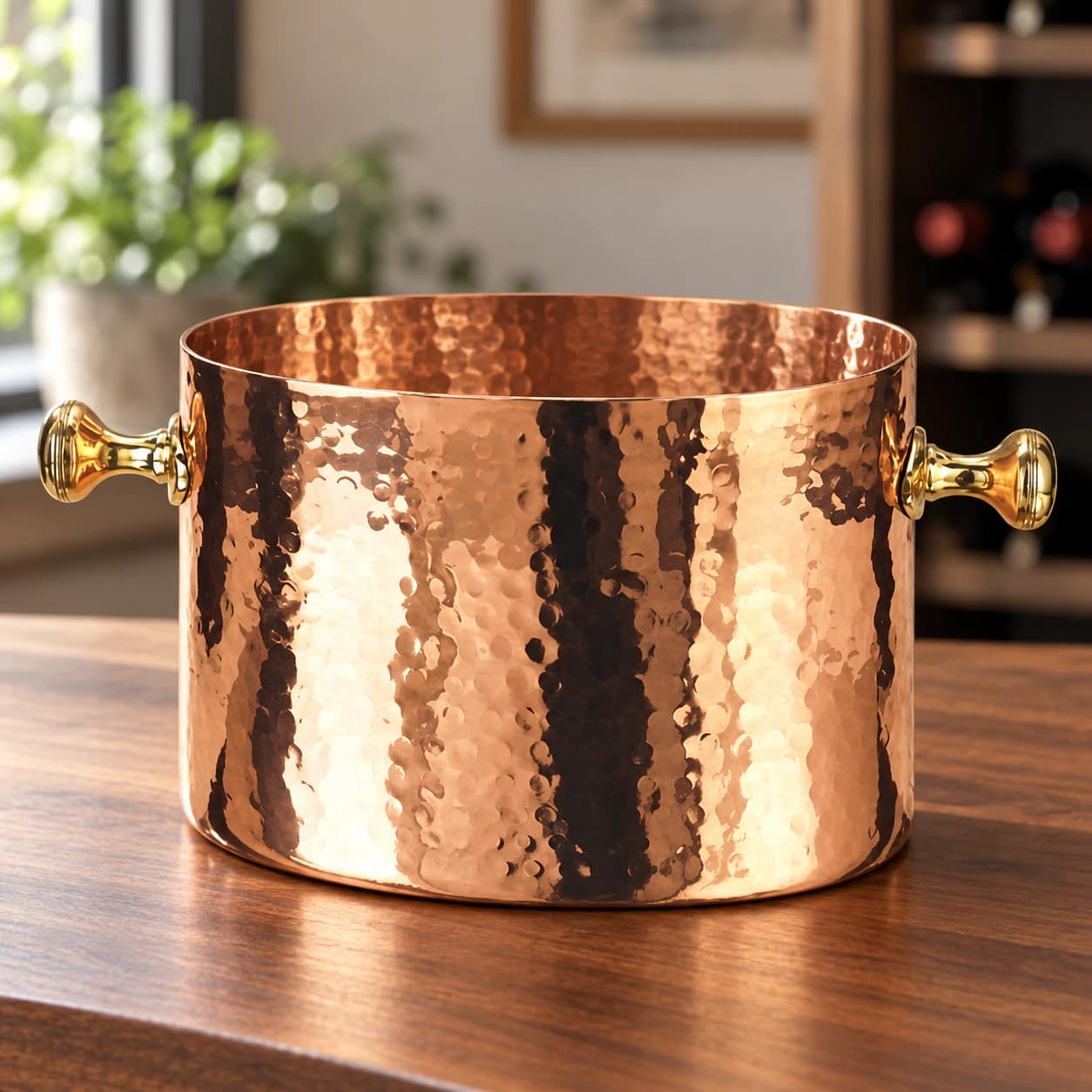 Old Dutch Copper Wine/Champagne Cooler Double Bottle on a walnut counter