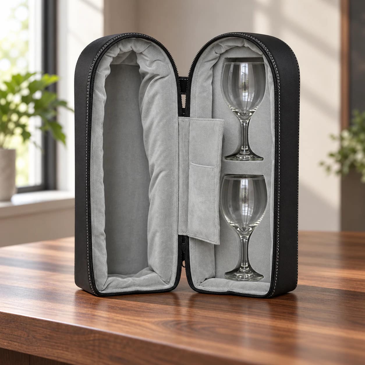 Travel Wine and Glass Holder on a walnut counter