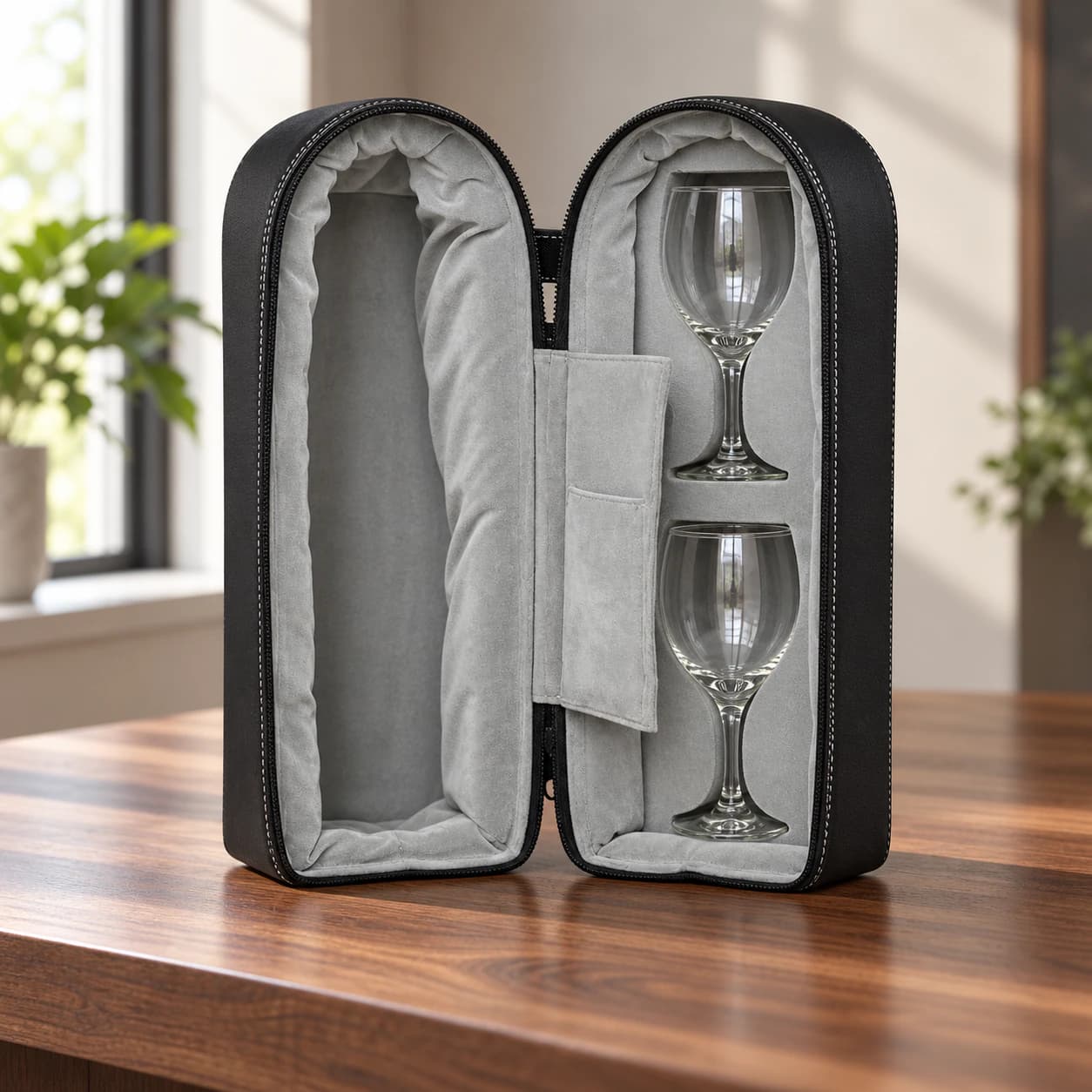Travel Wine and Glass Holder on a walnut counter