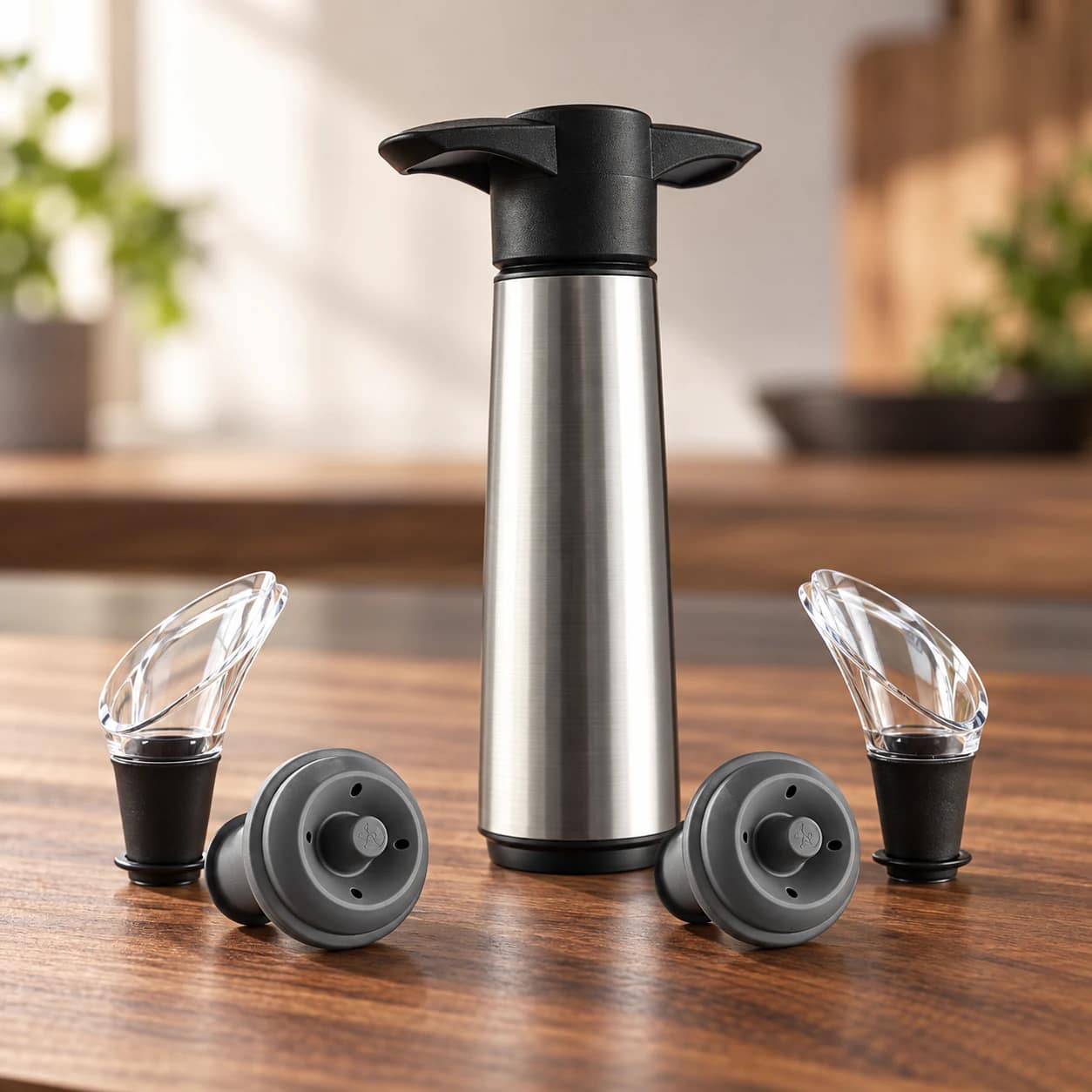 Vacuvin Wine Saver Stainless Steel Gift Set on a walnut counter
