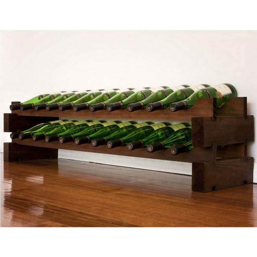 Modularack 2x11 stained wood wine rack filled with green bottles