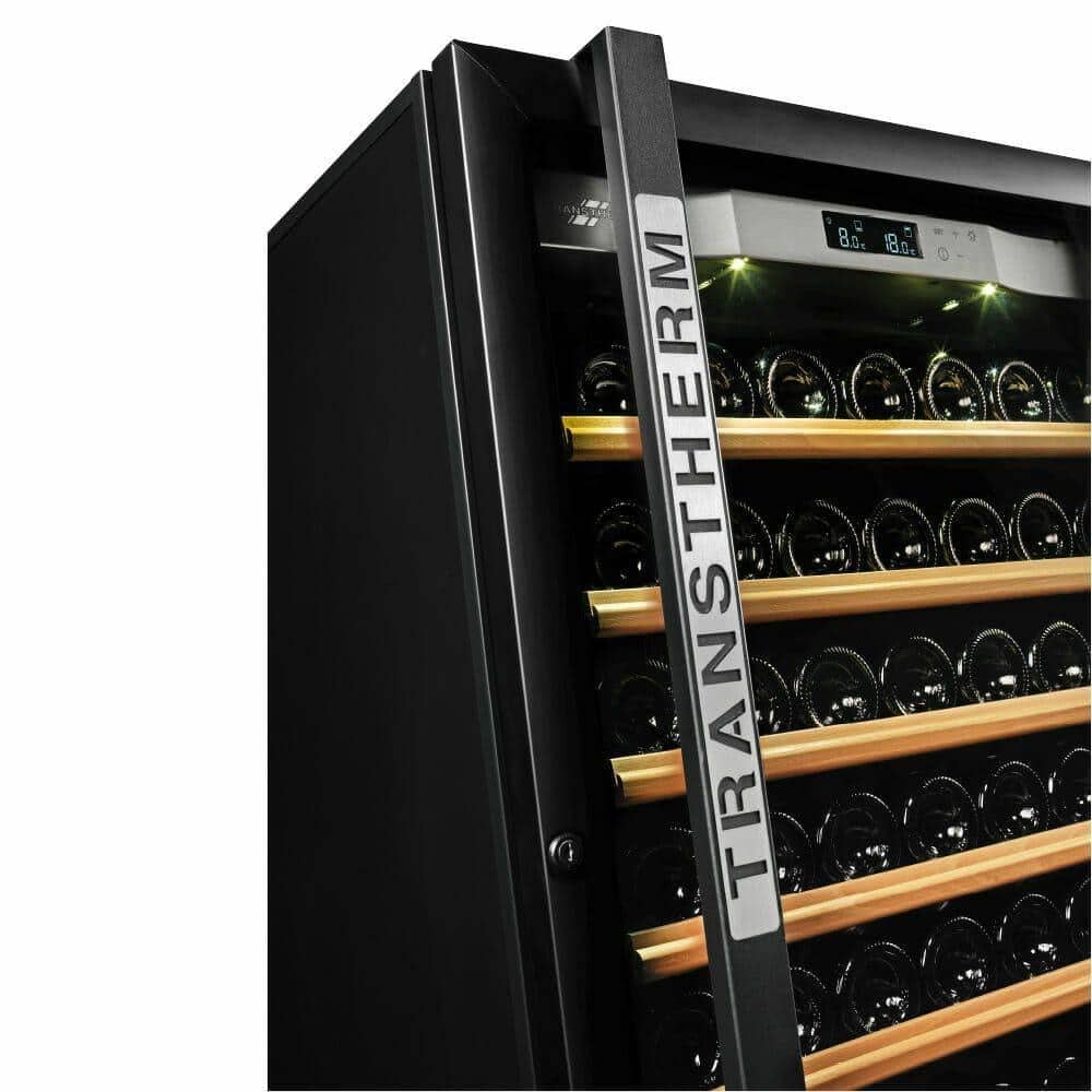 Close-up of the Transtherm wine cabinet door handle and digital control panel