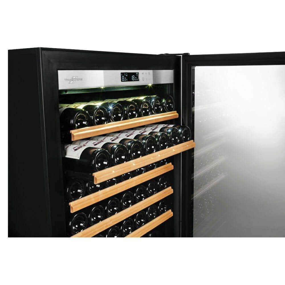 Transtherm wine cabinet with sliding wood shelf pulled forward, door open