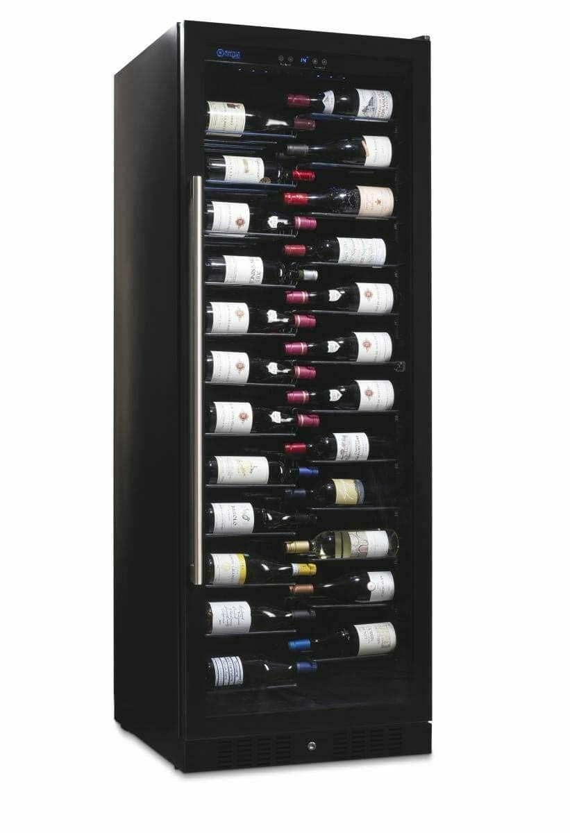 Tall dual-zone wine refrigerator angled view on white background, fully stocked