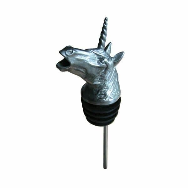 Silver unicorn-head wine bottle pourer with horn on white background