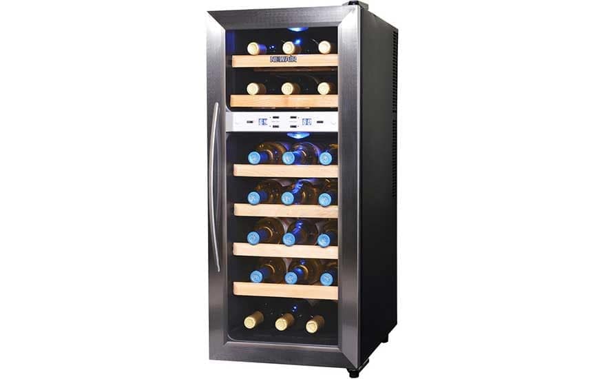Dual-zone countertop wine refrigerator with wood shelves and blue display