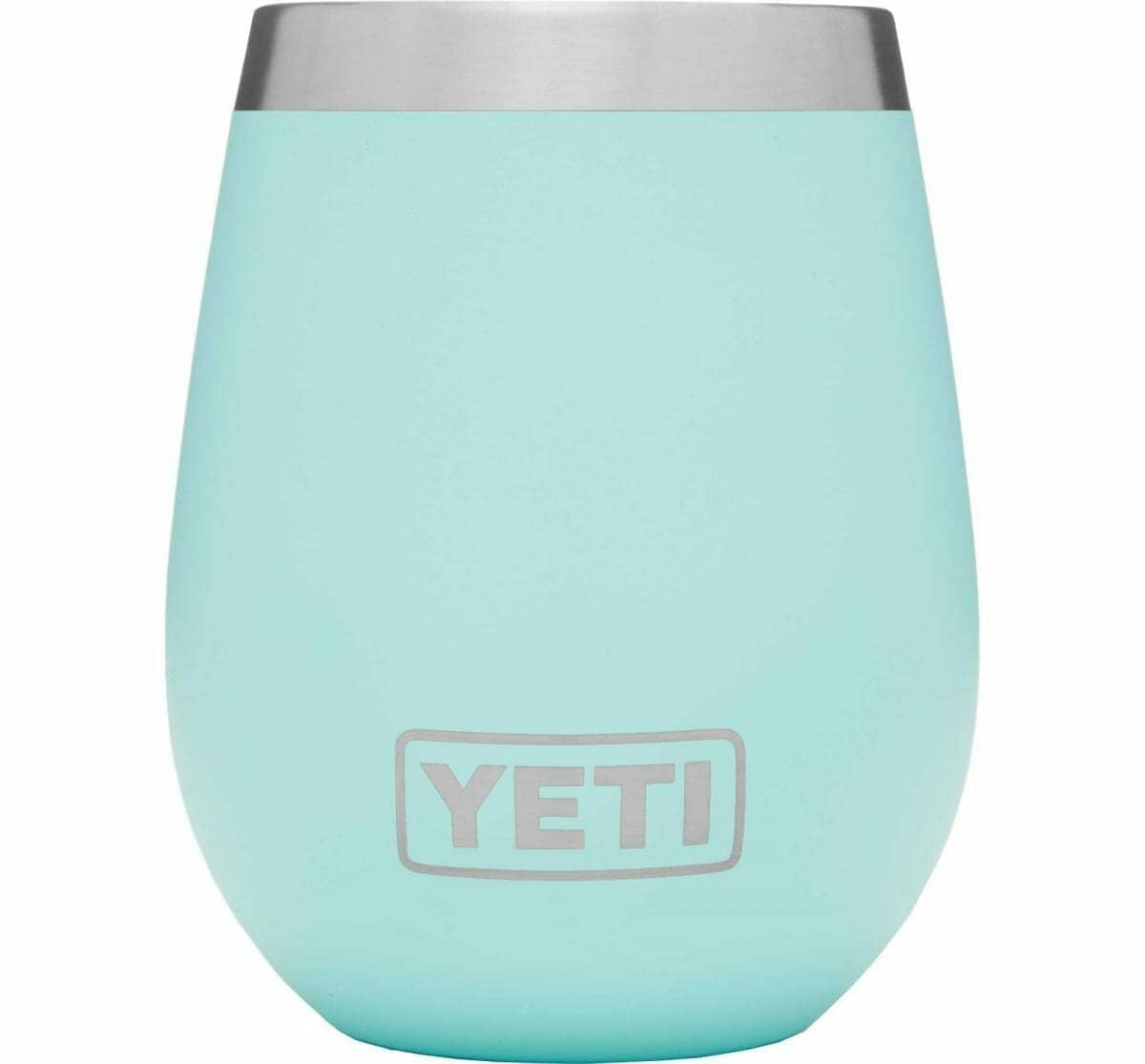 YETI stainless wine tumbler in seafoam color on white background