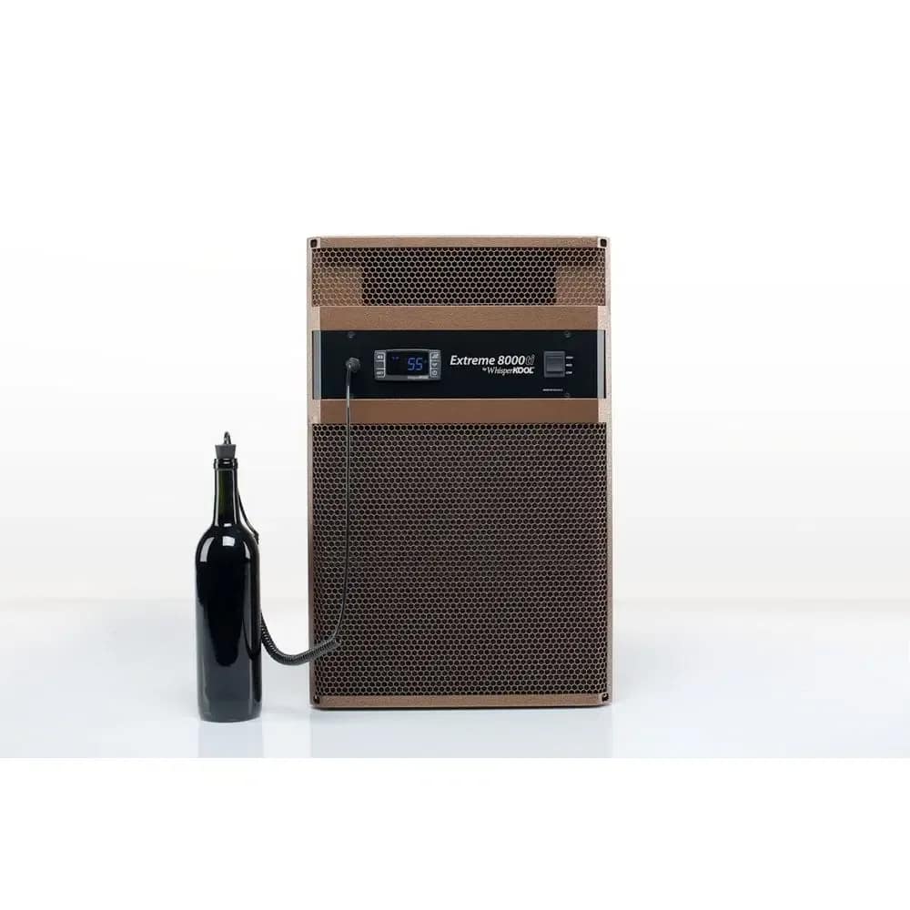 WhisperKool Extreme 8000ti cooling unit shown from the front with wine bottle.