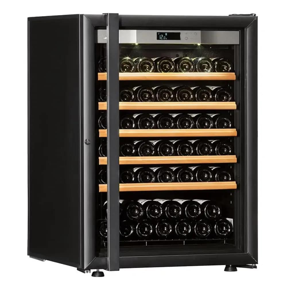 Transtherm wine cabinet with glass door and wooden shelves, product view.