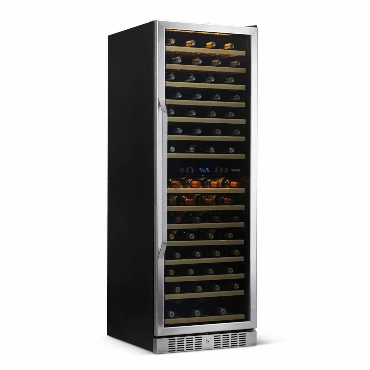 NewAir 160-bottle dual-zone wine fridge, angled view of black cabinet
