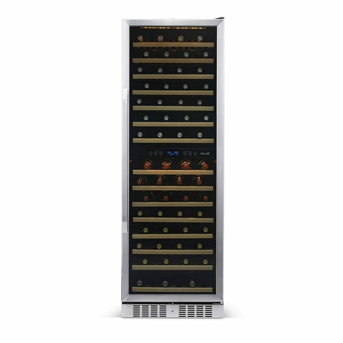 NewAir 160-bottle dual-zone wine fridge, straight-on view with lit display