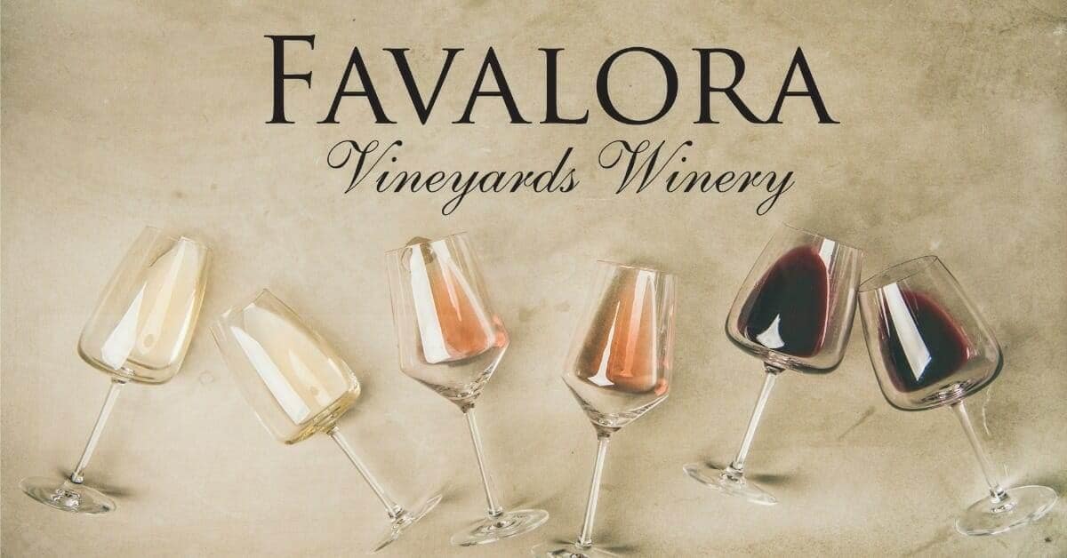 Favalora Vineyards Winery logo with six wine glasses of varied hues