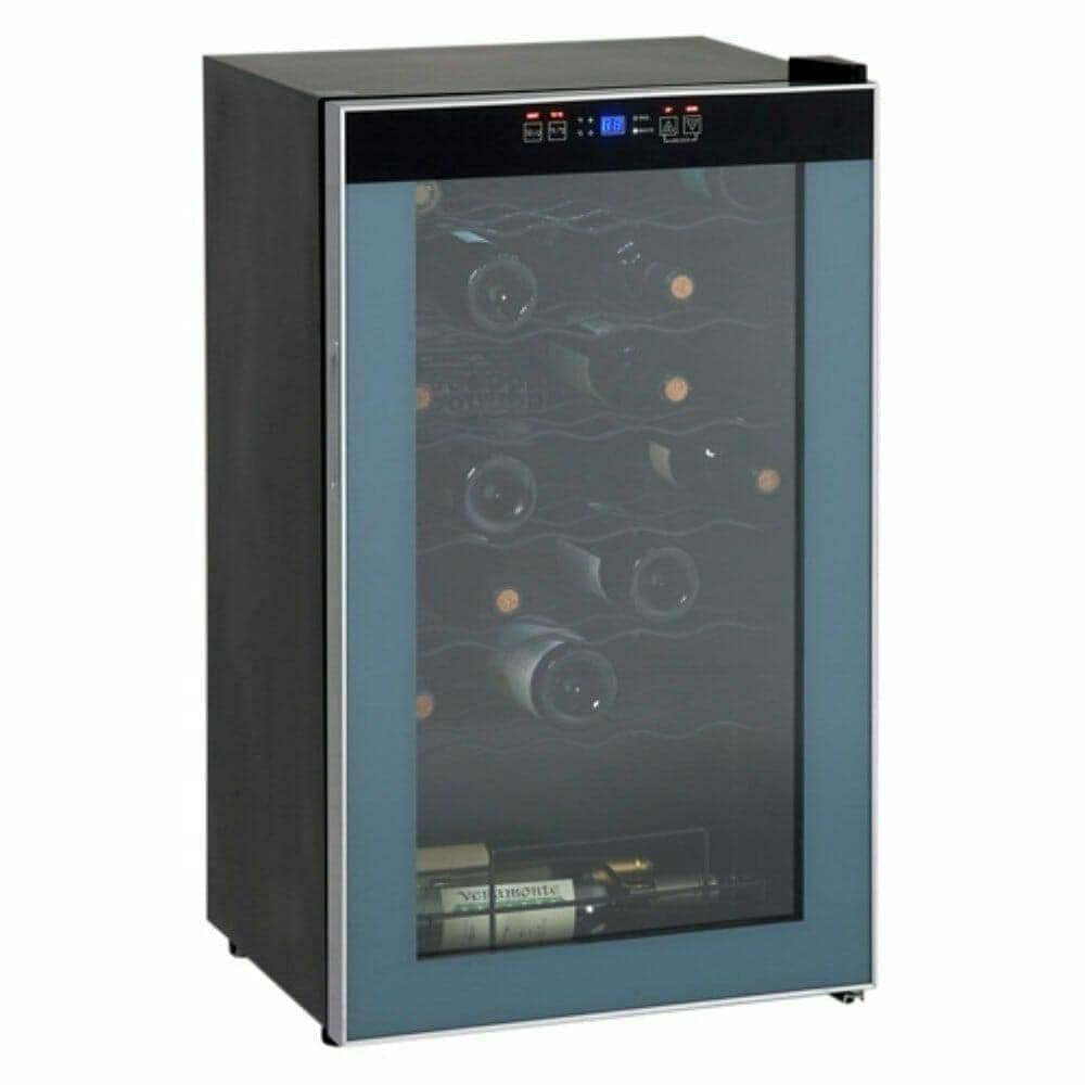 Freestanding 18-bottle wine cooler with blue-tinted glass door, angled view