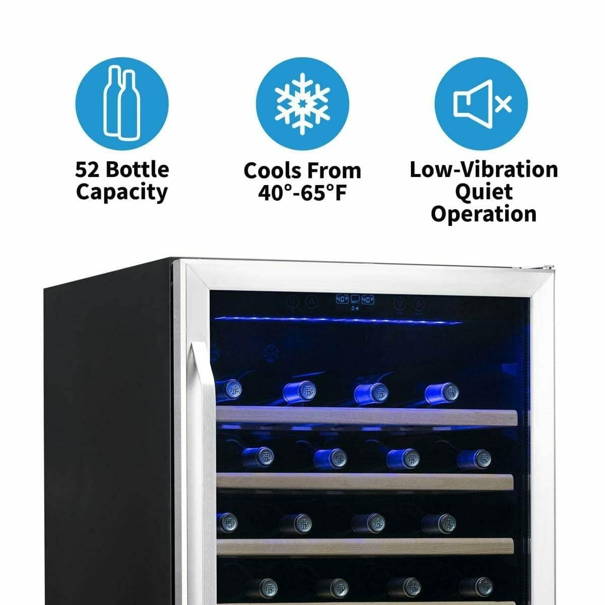 NewAir 52-bottle wine cooler feature callouts and angled product photo