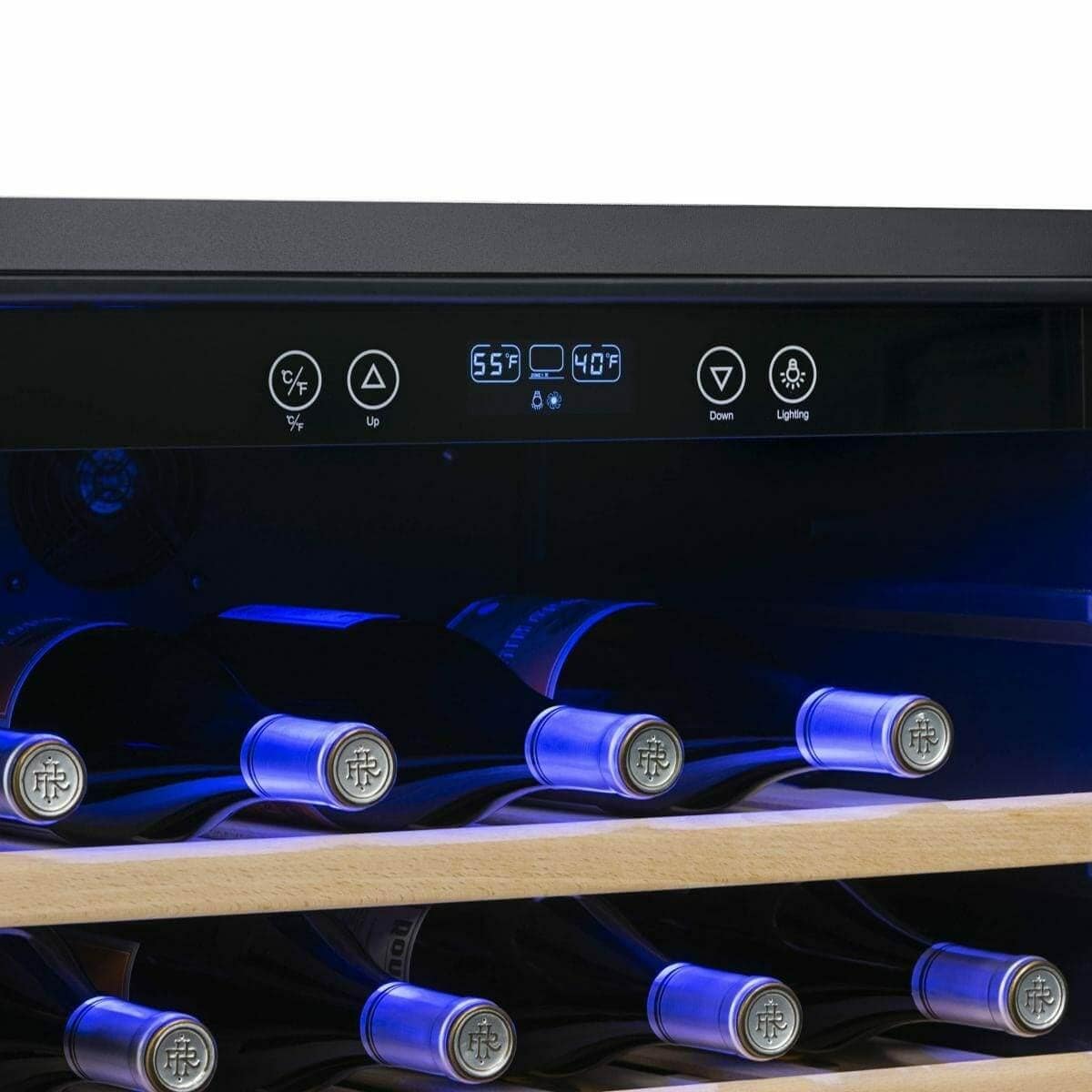 Close-up of a wine cooler control panel above blue-lit bottle necks