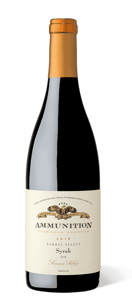 Ammunition Founders Reserve 2016 Syrah bottle on white background