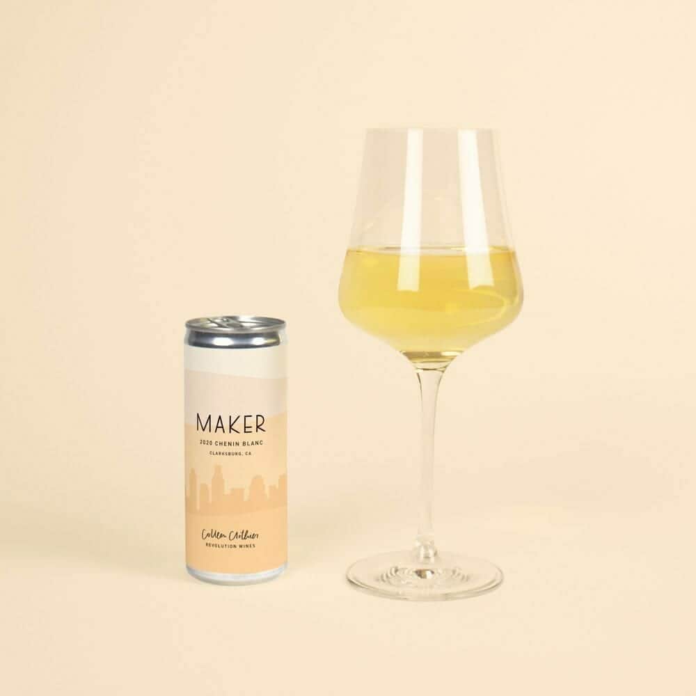 Maker Chenin Blanc canned wine beside a filled glass on cream background