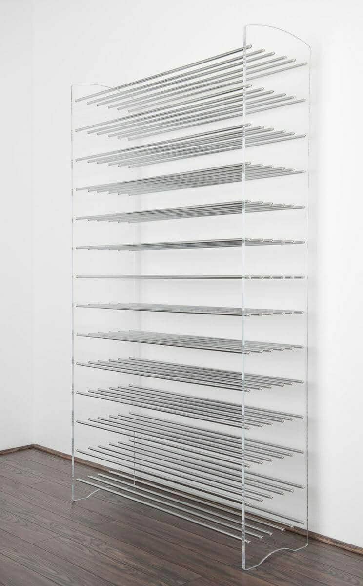 Evolution Series 6 metal and acrylic wine tower, empty, in a corner