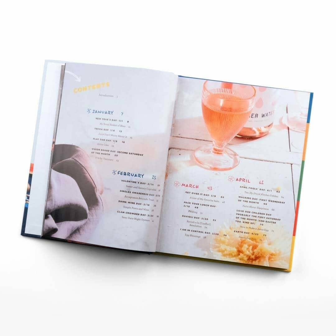 My Drunk Kitchen Holidays cookbook opened to the table of contents