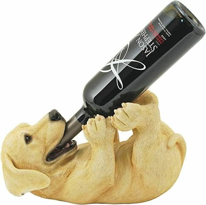 Golden Labrador puppy figurine wine bottle holder on white background