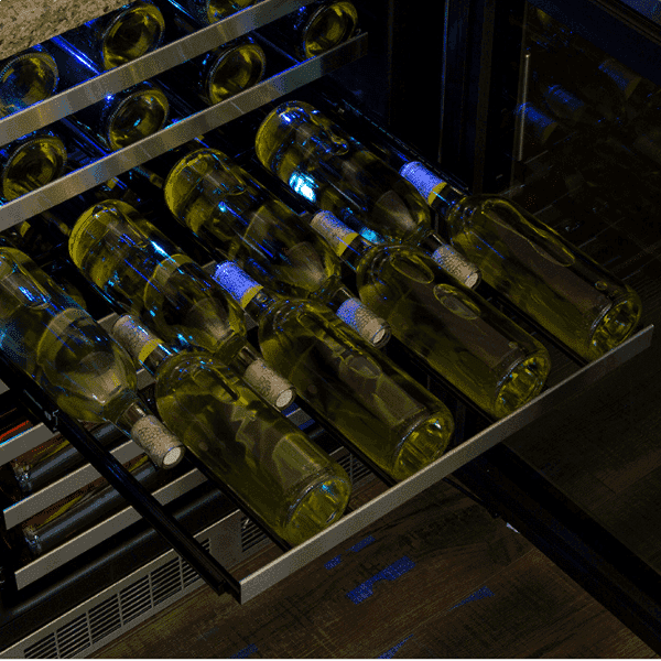 Marvel Professional wine cellar shelf loaded with wine bottles, close-up
