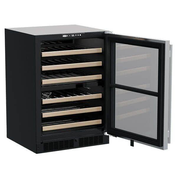 Marvel 24-inch wine cellar with door open, wood-trimmed shelves visible