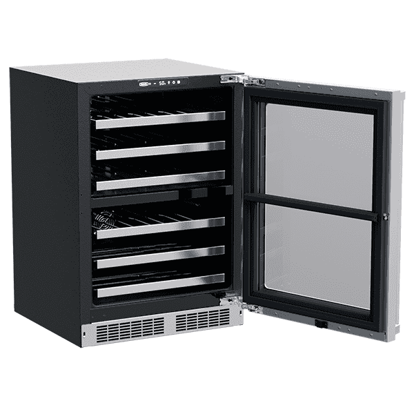 Marvel Professional dual-zone wine refrigerator with its glass door open, showing six metal-front shelves.