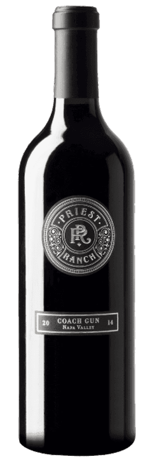 Priest Ranch Coach Gun wine bottle with dark label on plain background