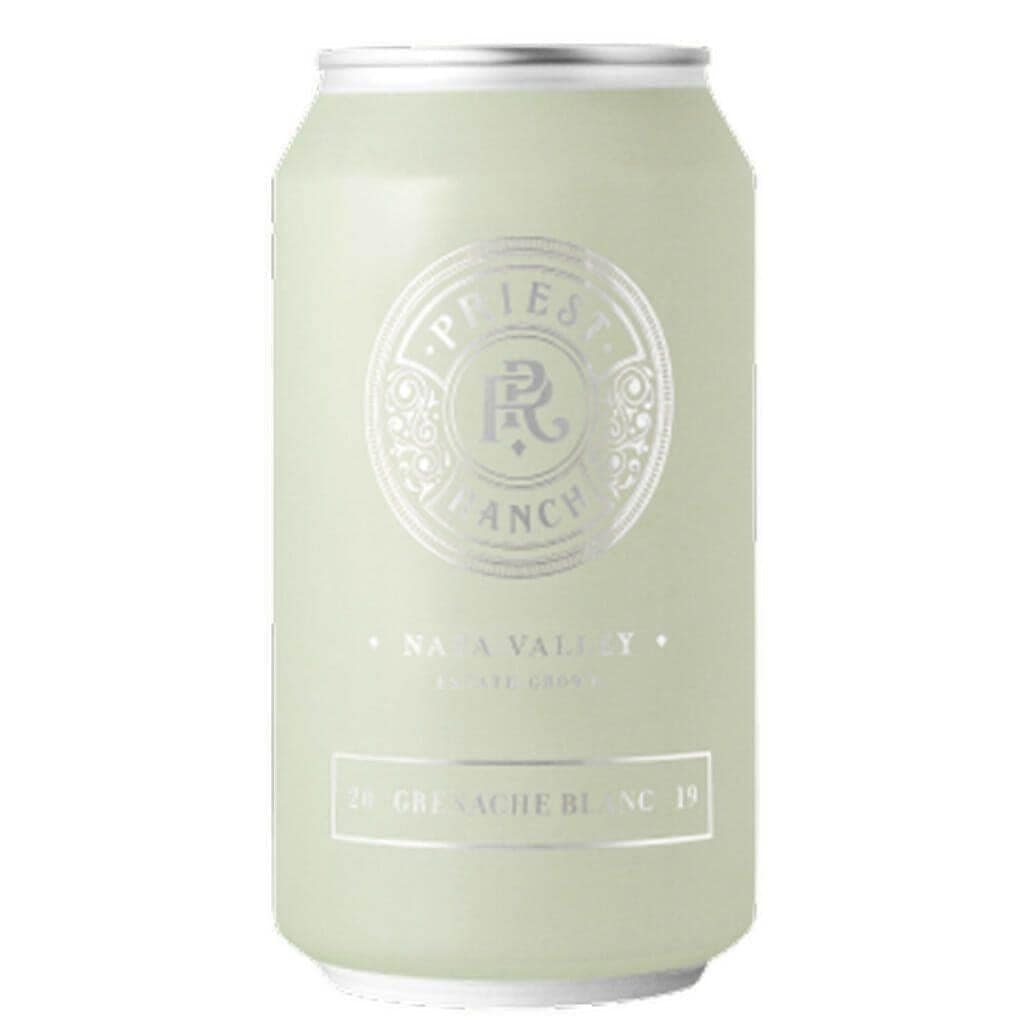 Priest Ranch Grenache Blanc 2019 sage-green wine can on white background