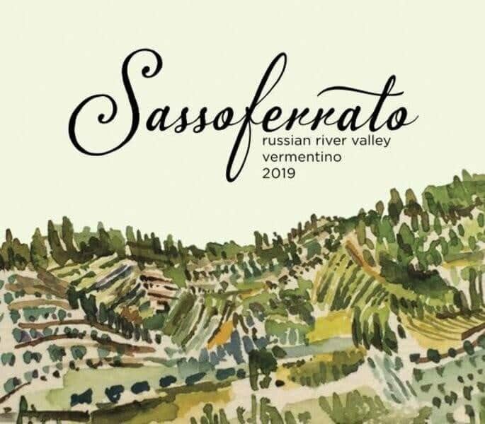 Sassoferrato Vermentino wine label with a watercolor vineyard illustration