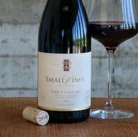 Small Vines TBH Vineyard Pinot Noir bottle with poured glass on wood table