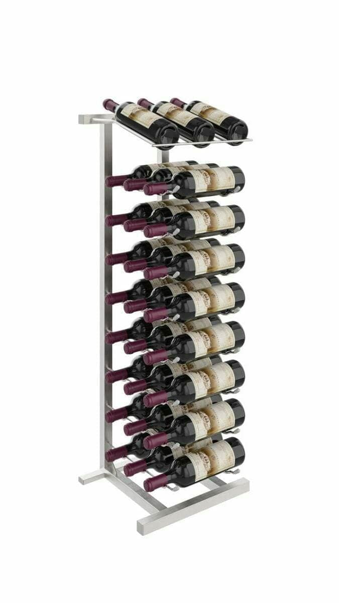 Brushed nickel floor wine rack holding 27 bottles, rendered on white