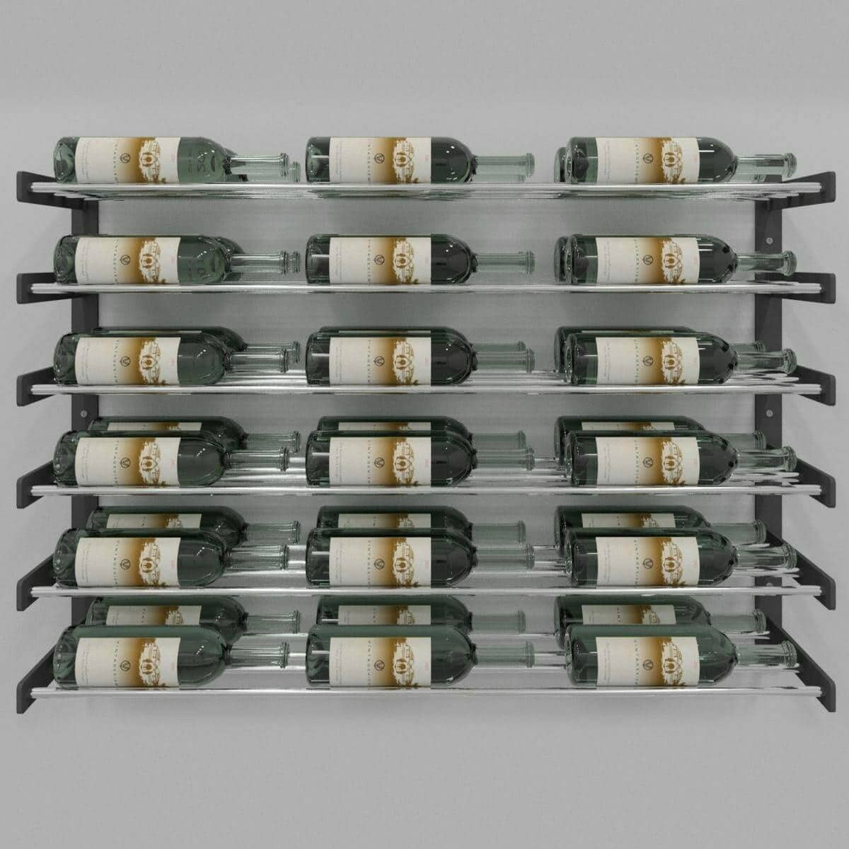 Evolution Wine Wall rack with six rows of wine bottles, chrome