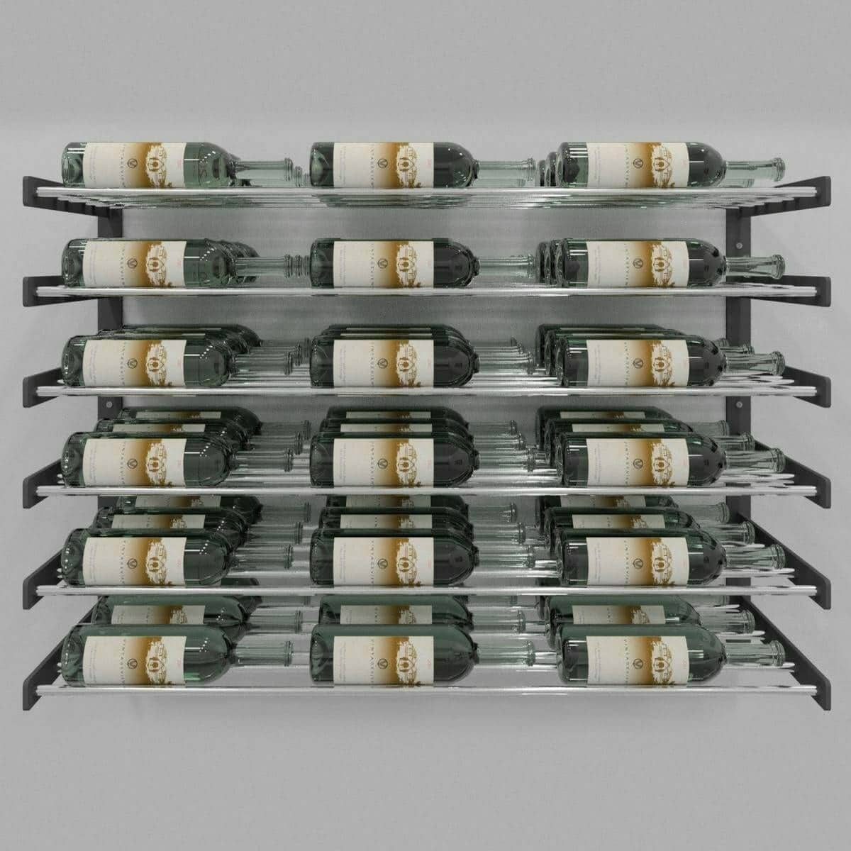 Evolution Wine Wall rack with rows of wine bottles, chrome finish