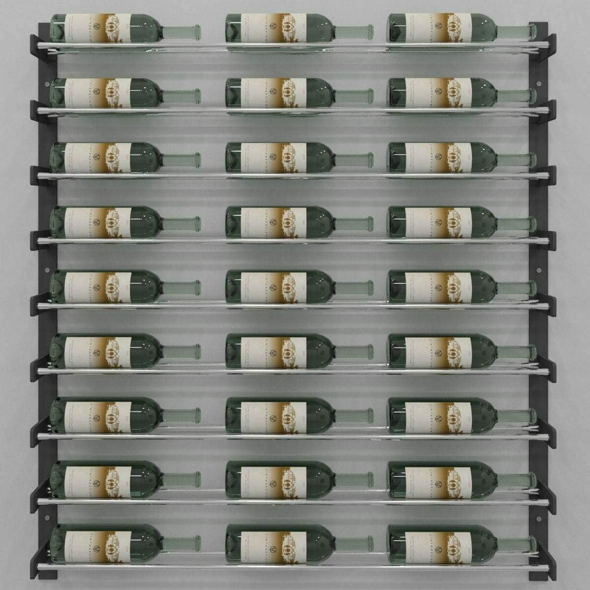 Evolution Wine Wall 45" wall-mounted rack with chrome rails holding wine bottles, grey backdrop