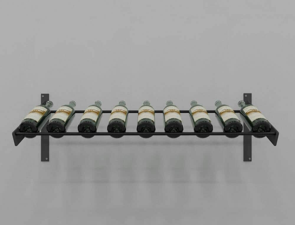 Evolution Series Wine Wall Presentation Row, black wall rack holding nine wine bottles